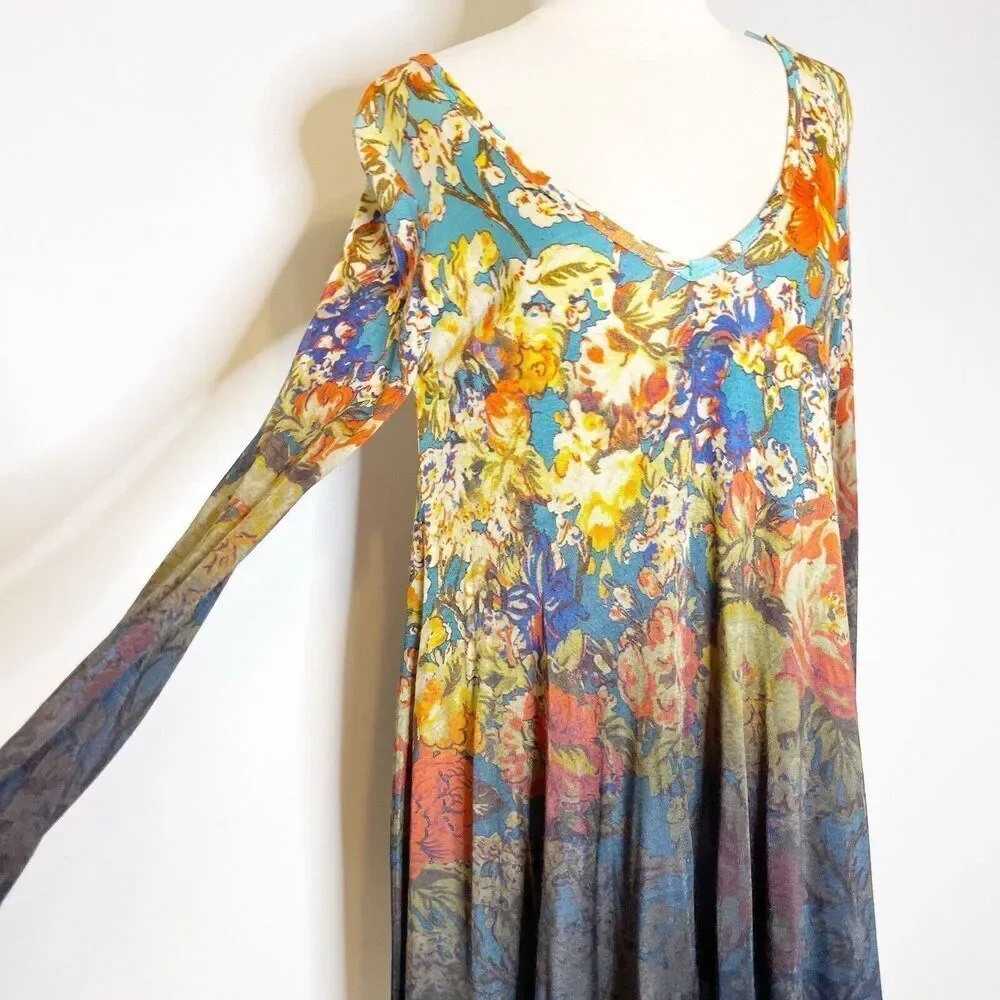 Free People XS Annette‎ Floral Tunic Mini Dress Boho Ombre Flowy Rayon Stretch
